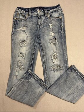Miss Me Light Blue Distressed Mid-Rise Boot Cut Jeans with Embellished Pockets